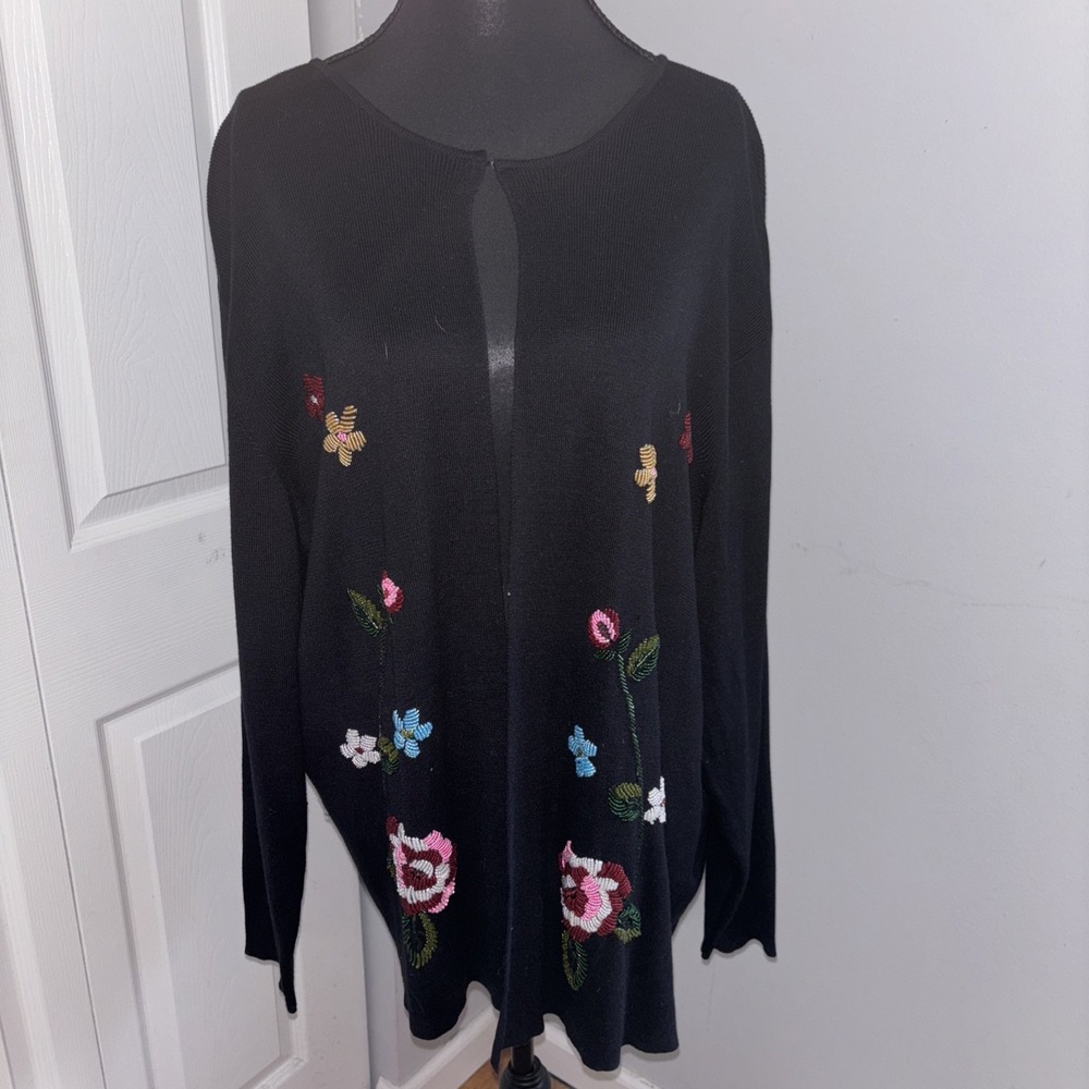 Joseph A Cardigan Sweater Women 1X Black Beaded Floral Knit Classic Cottage Silk